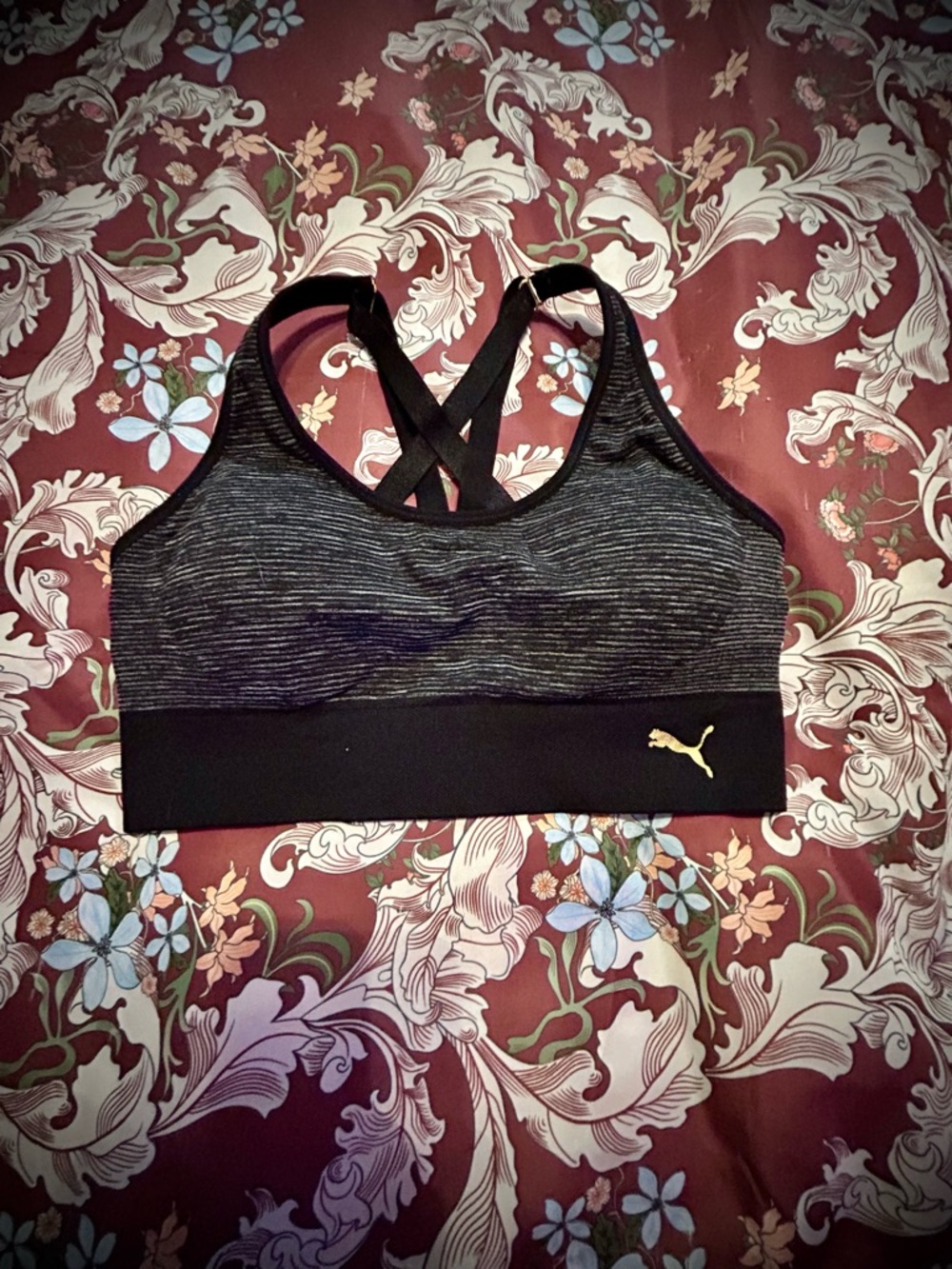 NWOT - Puma Black Heathered Sports Bra with Gold Puma Logo